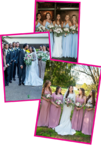 A collage showcasing diverse bridal party flowers with bridesmaids and groomsmen at various wedding settings.
