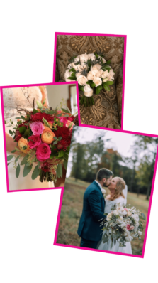 A collage of bridal florals showcasing various wedding bouquets and a couple's intimate moment.