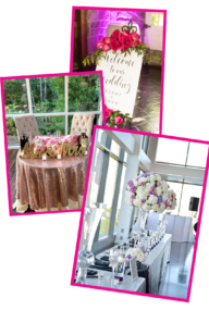 Wedding Reception Flowers setup with elegant floral arrangements on reception tables and a welcome sign at a wedding venue