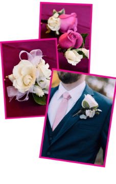 A collage showcasing a variety of boutonnieres and corsages designed for weddings.