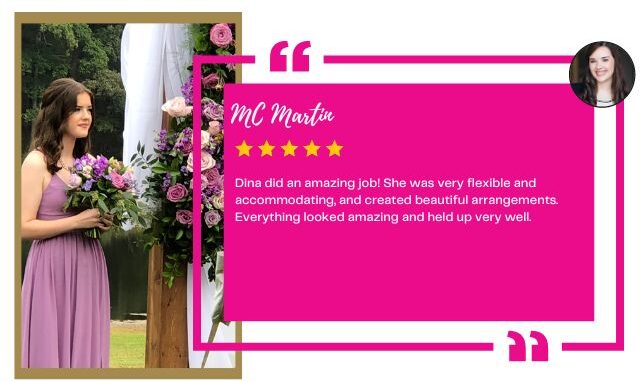 a positive testimonial from the bride about Dina's floral services, shown alongside a photo of a bridesmaid with a purple bouquet.