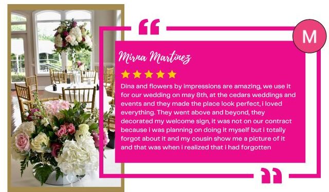 A Google review from a bride praising Dina and Flowers by Impressions for exceptional wedding decor services, shown alongside an image of an elegantly decorated wedding venue.
