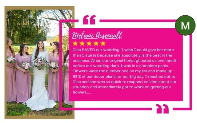 Google reviewer praising Dina for her exceptional wedding floral services, alongside a photo of the bride with her bridesmaids.
