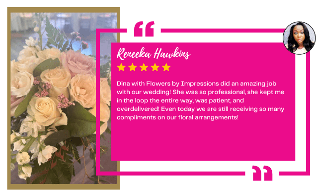 A Google review featuring a positive testimonial from a client about Dina's floral services at Flowers by Impressions, accompanied by an image of elegant wedding flowers.
