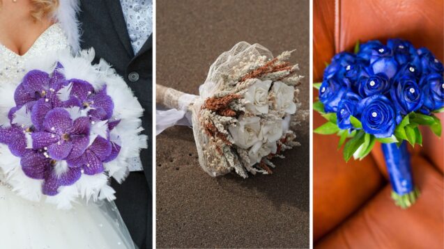 purple orchid and white feather bouquet, a white rose and dried foliage bouquet, and a blue rose bouquet.