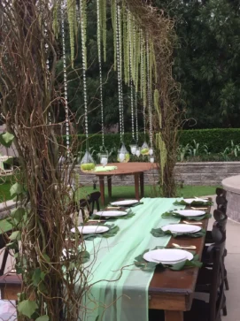 serene setting of an outdoor baby shower, creatively arranged in a lush garden.