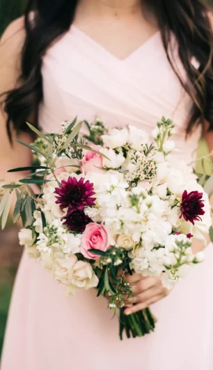 bouquet featuring white hydrangeas, pink roses, dark purple dahlias, and green foliage.