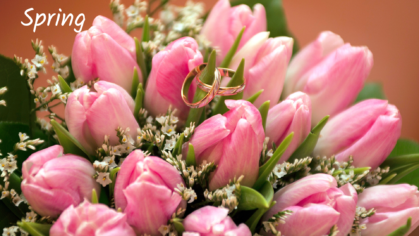 Spring flower bouquet with pink tulips and gold wedding rings.